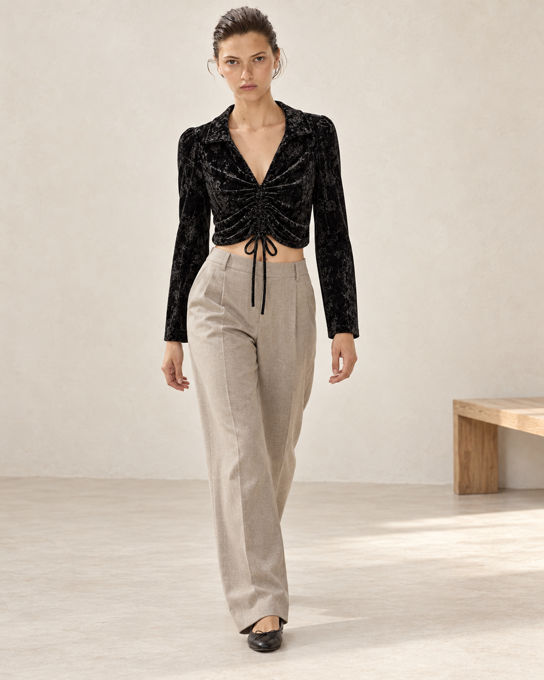 Ruched Velvet Tie Front Top