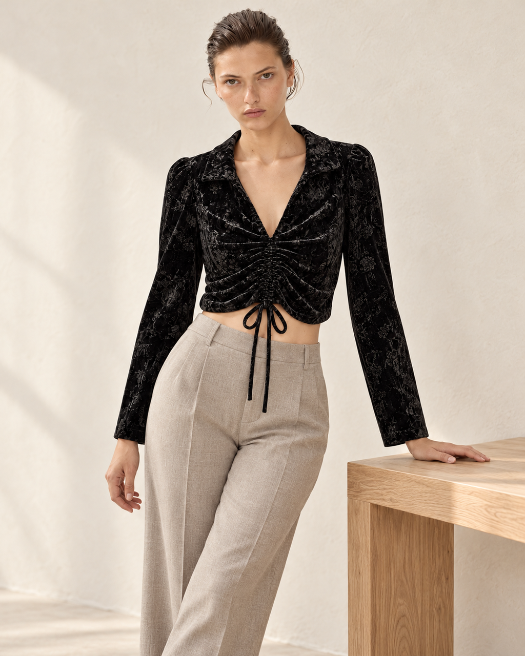 Ruched Velvet Tie Front Top – styled close