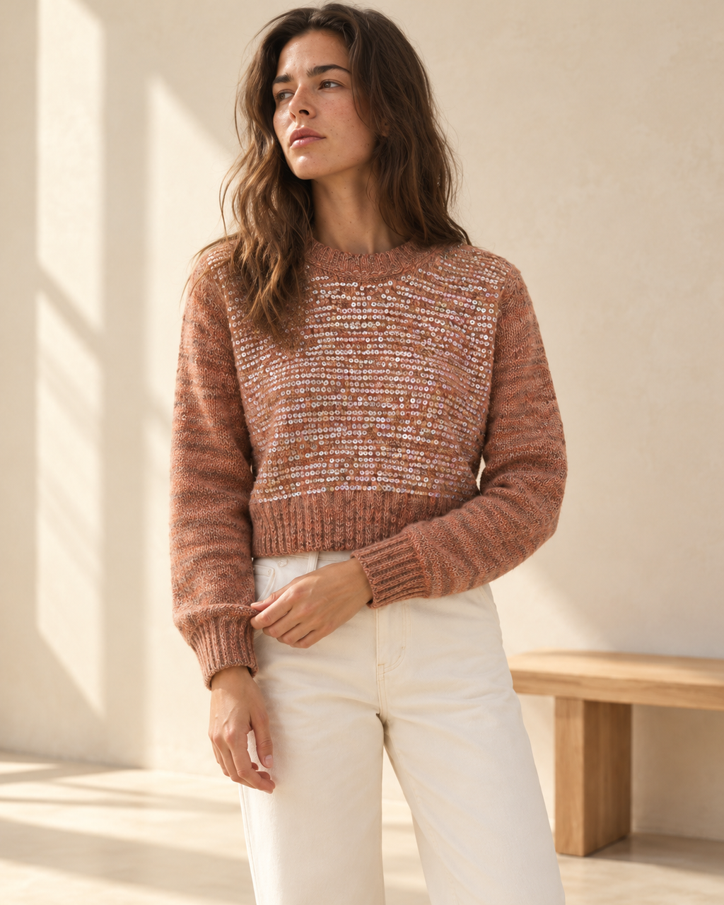 Sequin Embellished Cropped Knit Sweater – styled model
