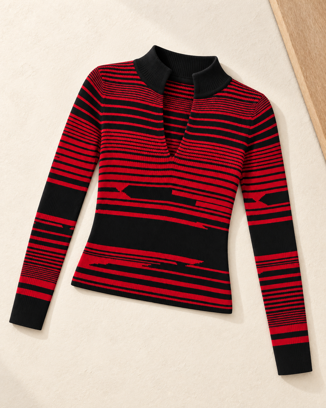 Striped Collared Ribbed Knit Top – single colour flatlay