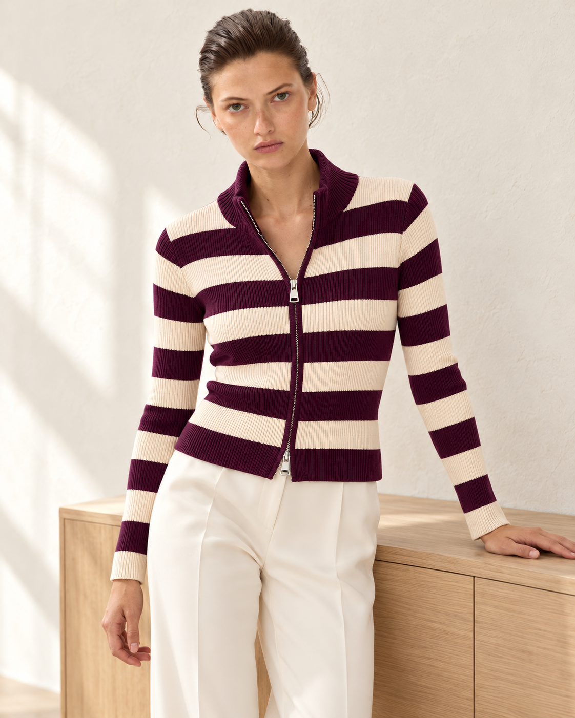 Striped Zip Knit Cardigan – styled model