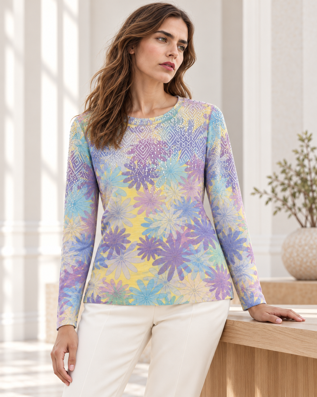 Tie Dye Floral Top – yellow styled model