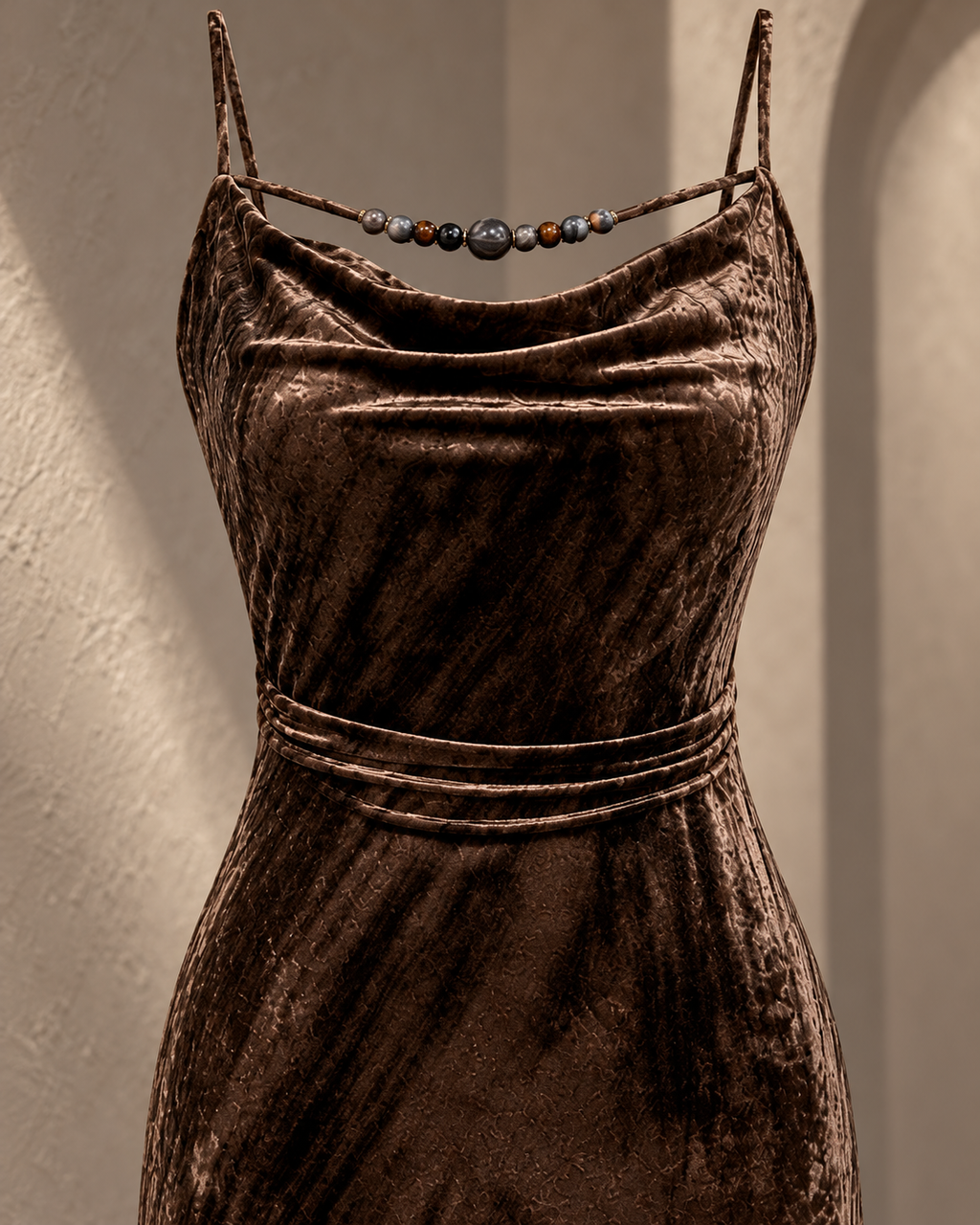 Velvet Cowl Midi Dress – neckline waist detail