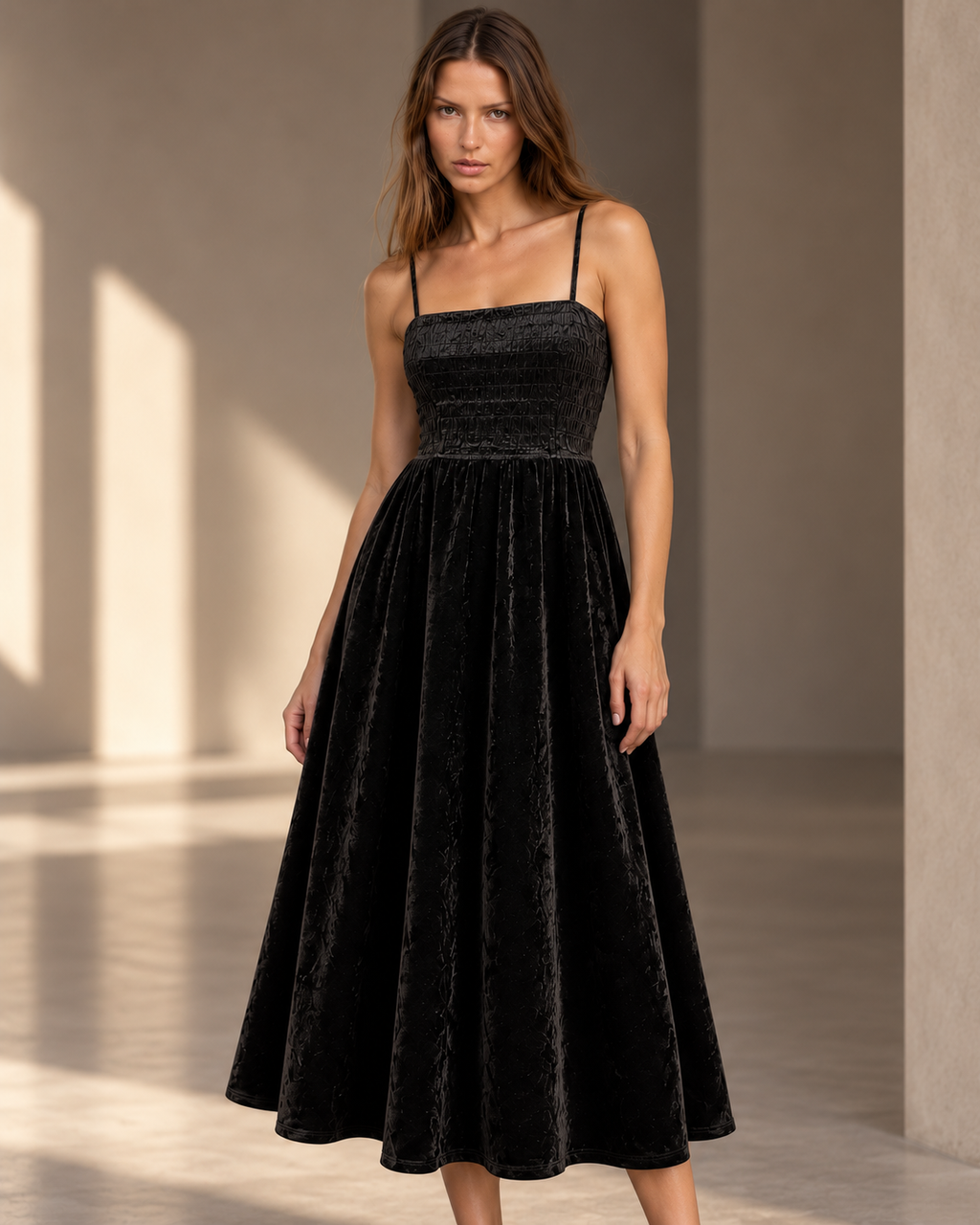 Velvet Fit & Flare Dress – styled close