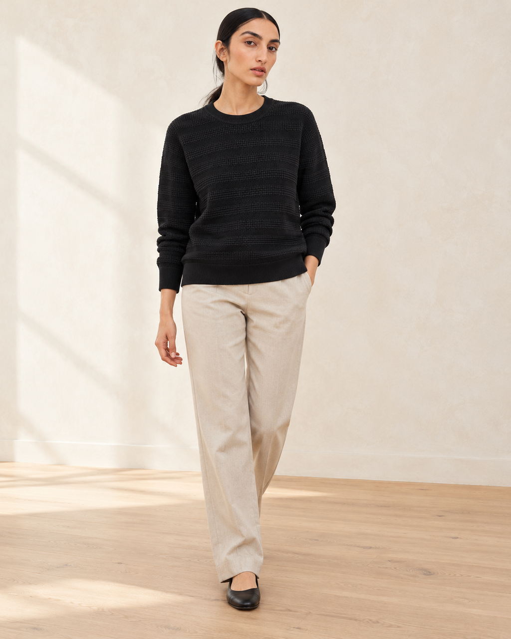 Waffle Texture Knit Sweater – full length hero